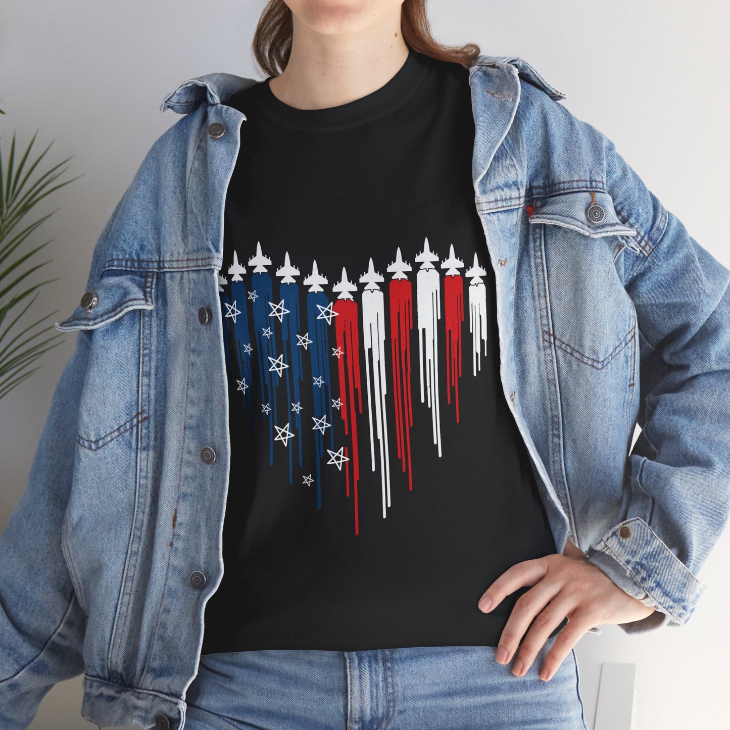 Fighter Jet Heart American Flag |Unisex Heavy Cotton Tee