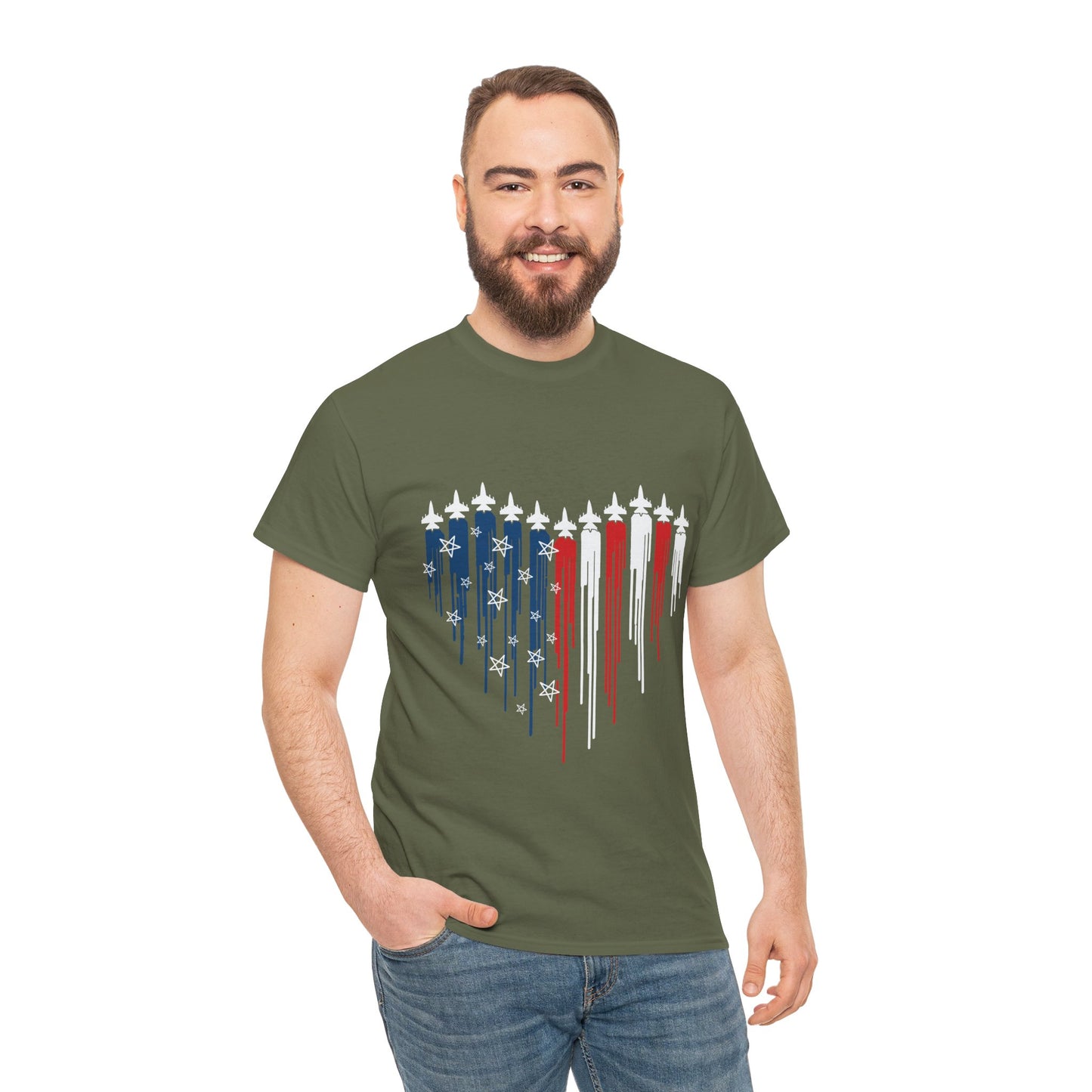 Fighter Jet Heart American Flag |Unisex Heavy Cotton Tee