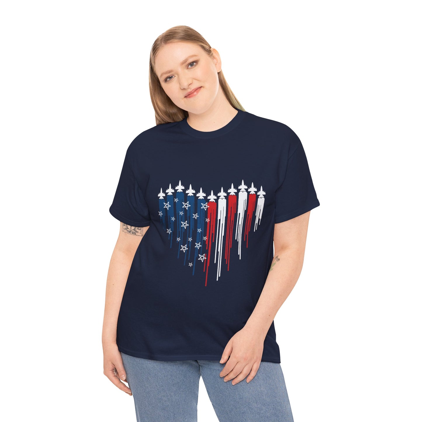 Fighter Jet Heart American Flag |Unisex Heavy Cotton Tee