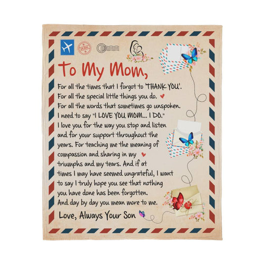 To My Mom Postcard | Love Always Your Son | Jersey Fleece Blanket 50" x 60"